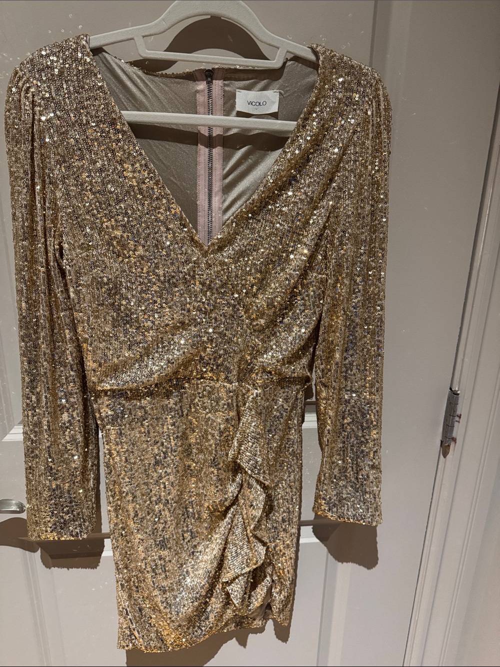 Vicolo Gold Sequin Long-Sleeve Wrap Mini Dress